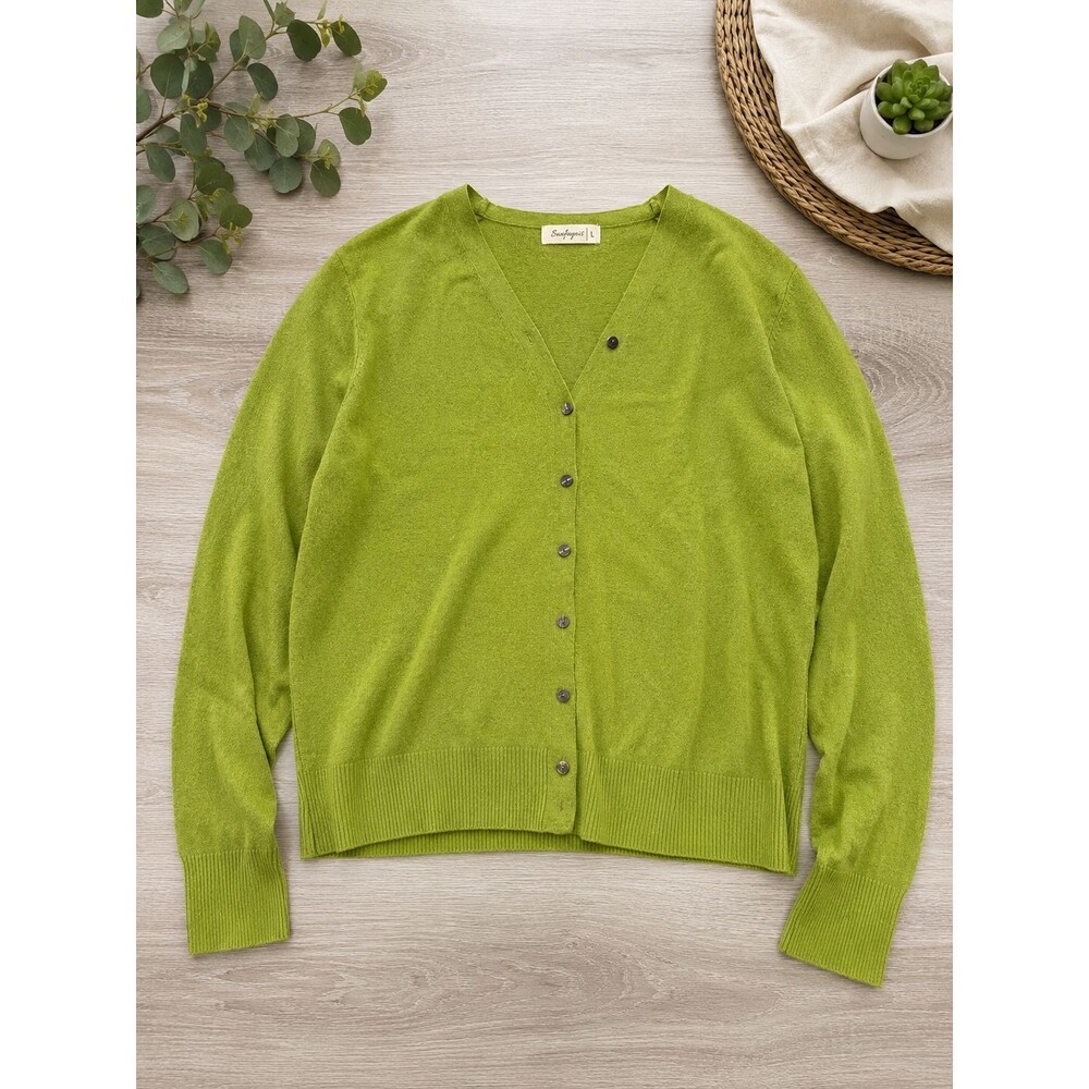Sunfaynis Womens Cardigan Sweater Large Green Wool Blend V Neck Button Front